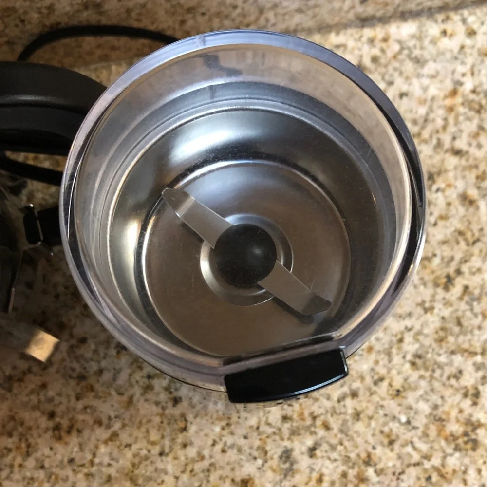 Black Electric Coffee Grinder with French Press and Orange Travel Mug